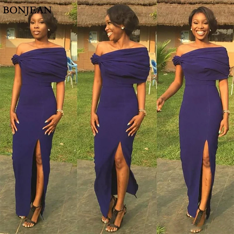 

Navy Blue Satin Long Bridesmaid Dresses 2019 Ruffles Off The Shoulder Side Split Maid Of Honor Gowns Cheap Wedding Guest Formal