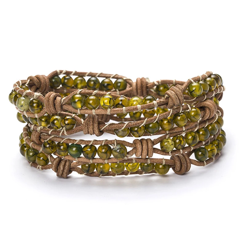 

Women Men Round Bead Bracelet 6mm Natural Yellow Dragon Pattern Stone Leather Charm Strand Handmade Woven Wrap Bracelet Jewelry