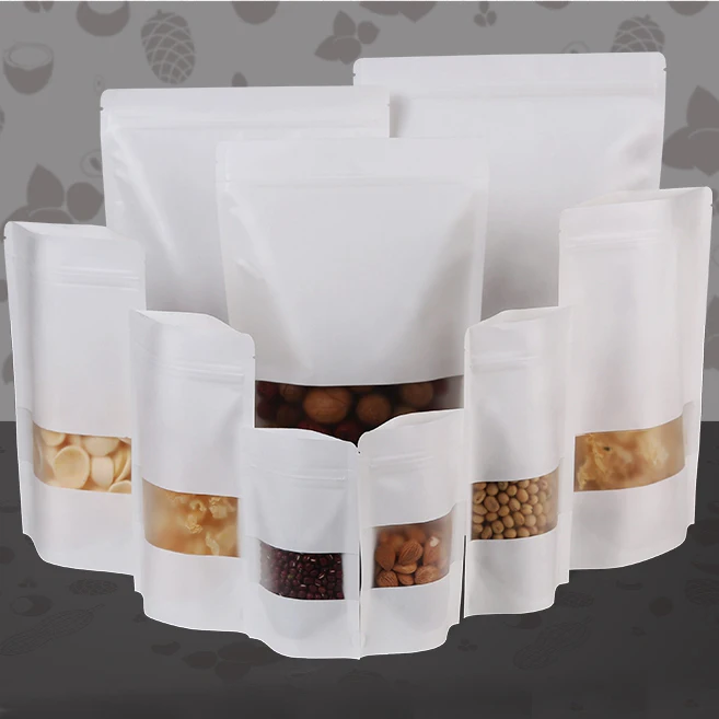 

White Standup kraft paper bag with matt window and zipper for food, paper ziplock bag 100pcs/lot