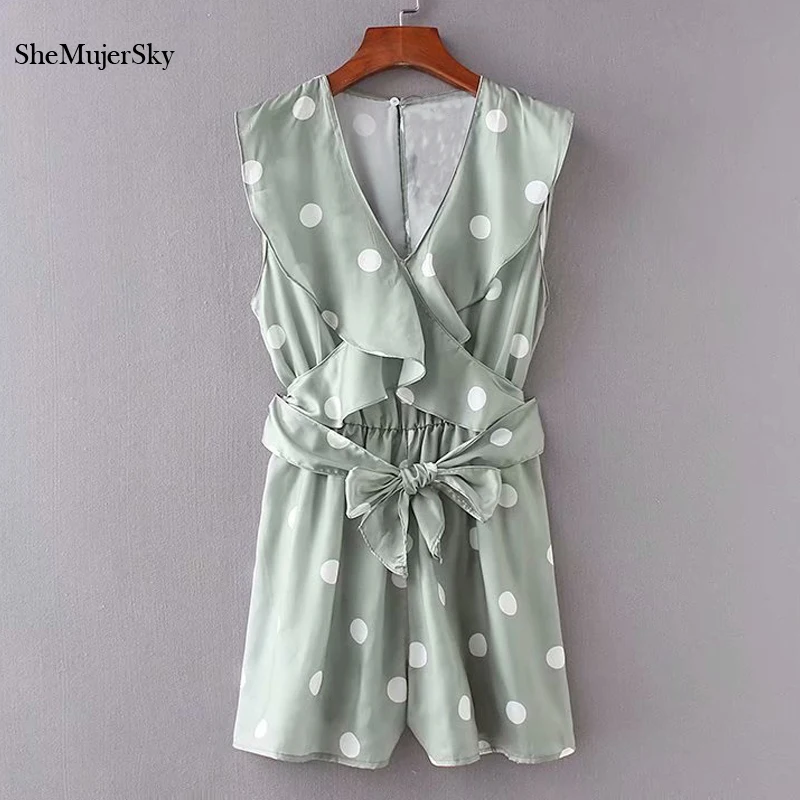 

SheMujerSky Green Rompers Womens Jumpsuit Ruffles V-Neck Playsuits combinaison pantalon femme elegante