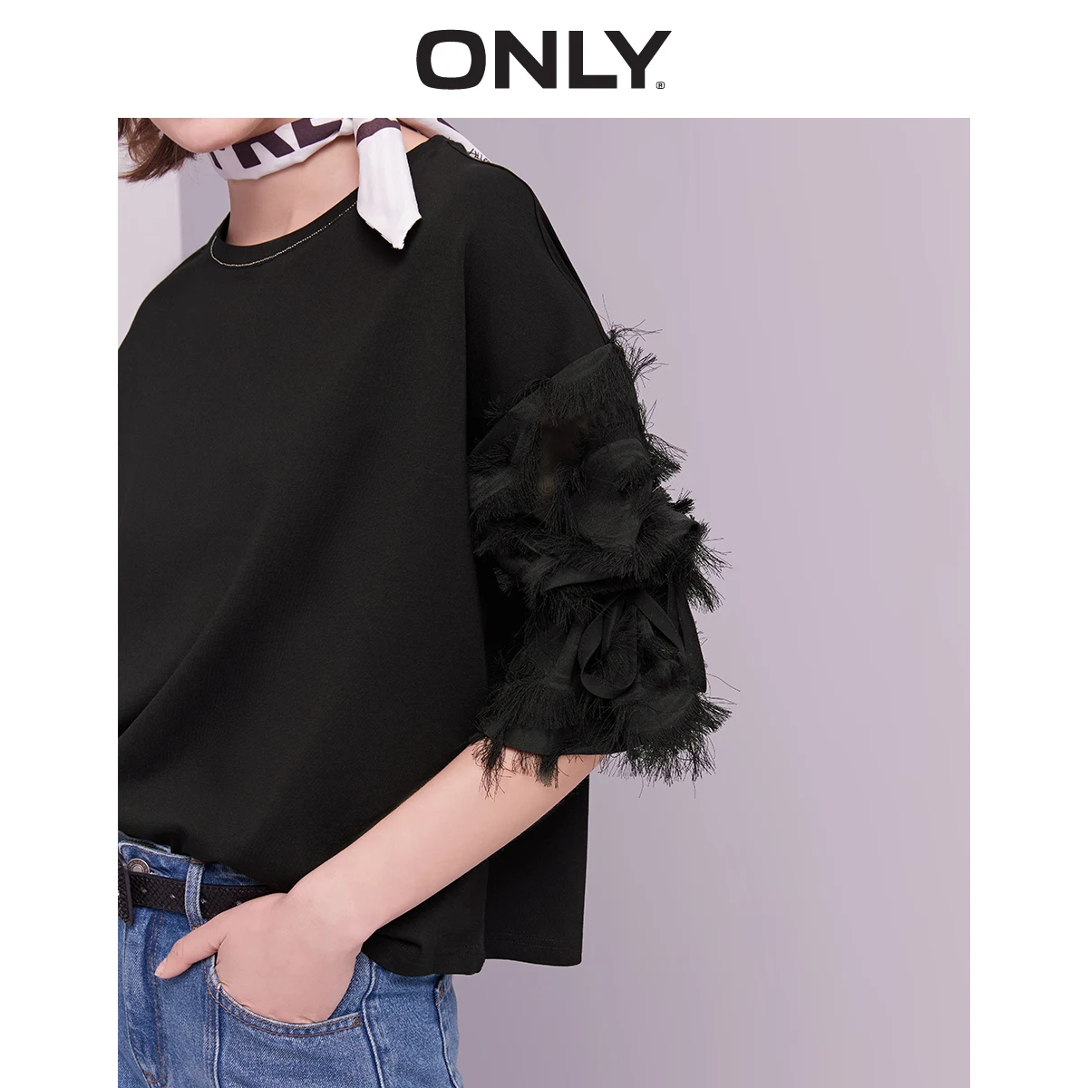  ONLY Spring and Summer Women's Loose Fit Round Neckline Fringed Long-sleeved T-shirt 119101623