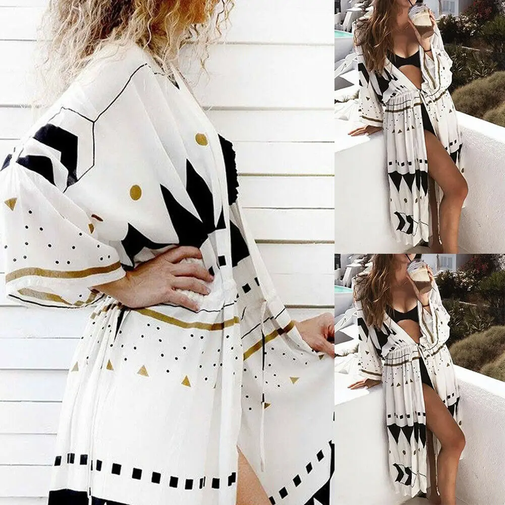 

Ladies Bikini Cover Up Swimwear Fashion Women Boho Floral Loose Shawl Kimono Cardigan Top Cover up Beach Dress