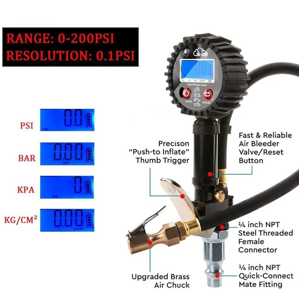 Цифровой шиномонтажный манометр 200PSI ЖК-дисплей воздушный компрессор насос Быстрое подключение муфта для автомобиля грузовика мотоцикла