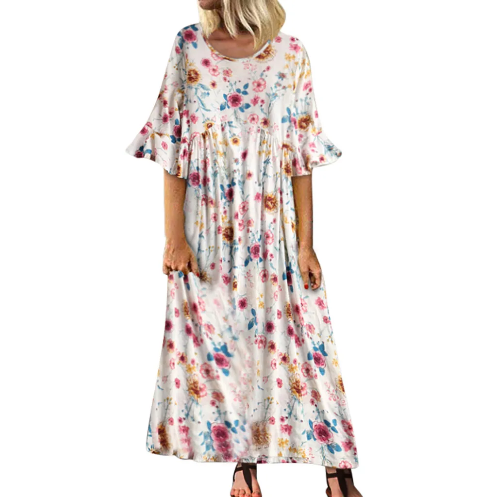 

Maxi Dress Women 2019 Summer Boho Beach Long Sundress Half Sleeve Ruffles O Neck Loose Vintage Floral Pring Dresses For Girl