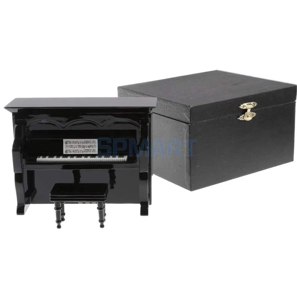 

1/12 Dollhouse Miniature Decor Accessory Wooden Piano with Stool and Storage Box Dolls House Instrument Ornament Black