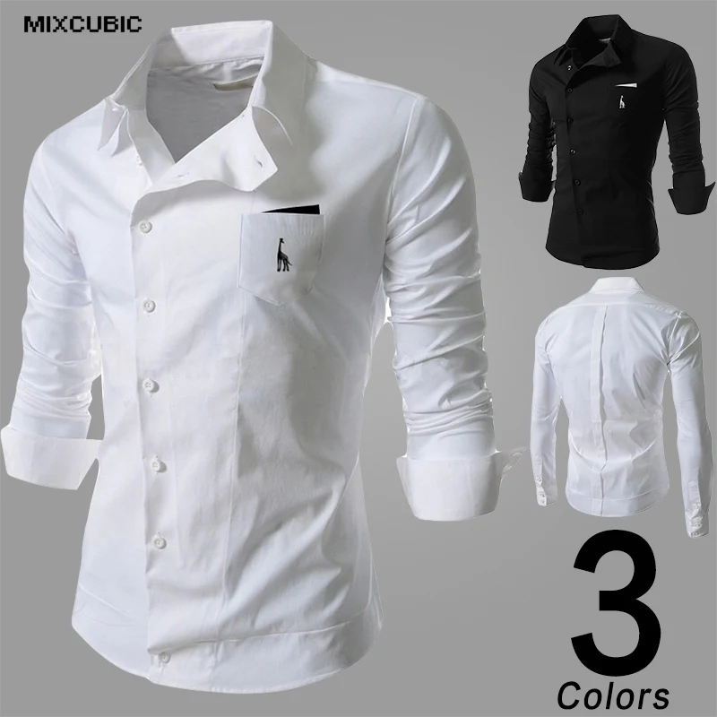 MIXCUBIC Autumn Oblique buckle long sleeved shirts men deer Embroidery ...