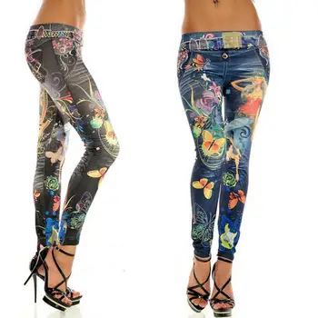 

Elastic Ankle-length Slim Punk Style Faux Denim Sexy Women Legging Butterfly Flower Printed Pencil Pants