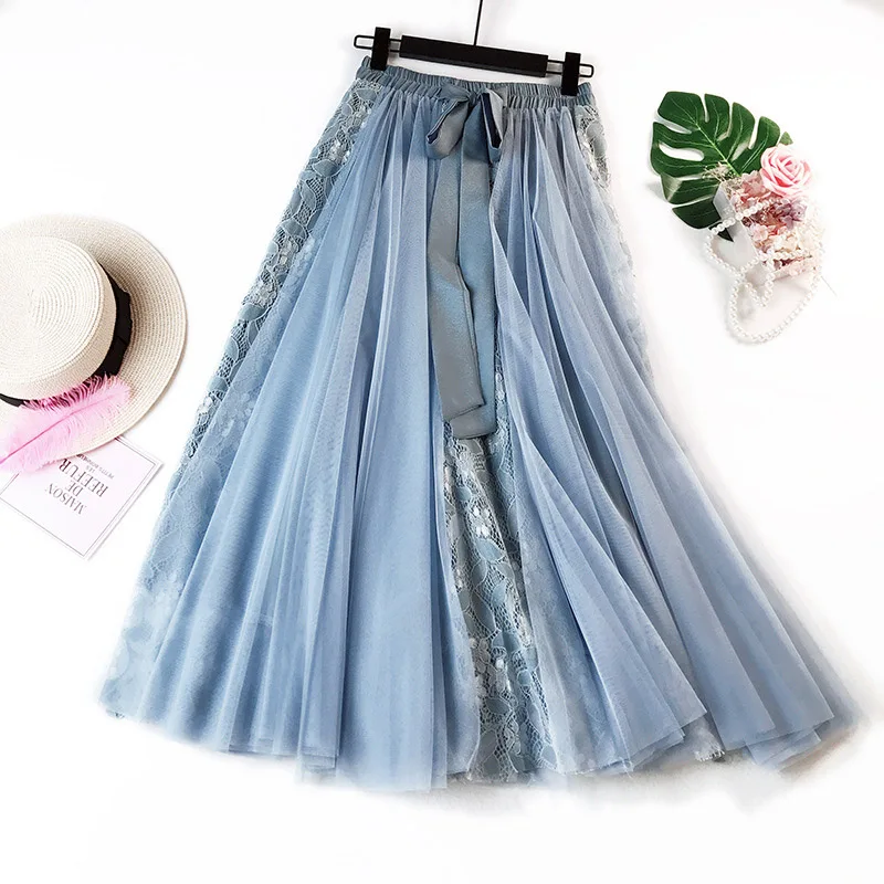 OHRYIYIE/кружевная юбка с тюлем для женщин; коллекция года; сезон весна-лето; эластичная фатиновая юбка в сеточку с высокой талией; длинная Плиссированная Юбка-пачка; Jupe Longue Femme - Цвет: Синий