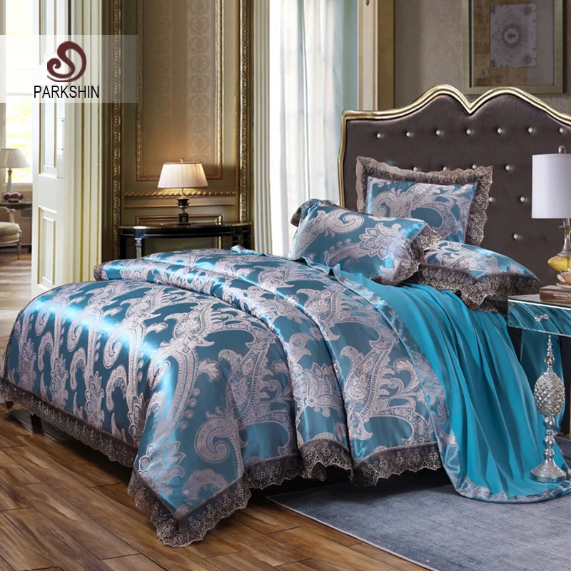 Parkshin Luxury Satin Jacquard Sky Blue Bedding Set Silk Duvet
