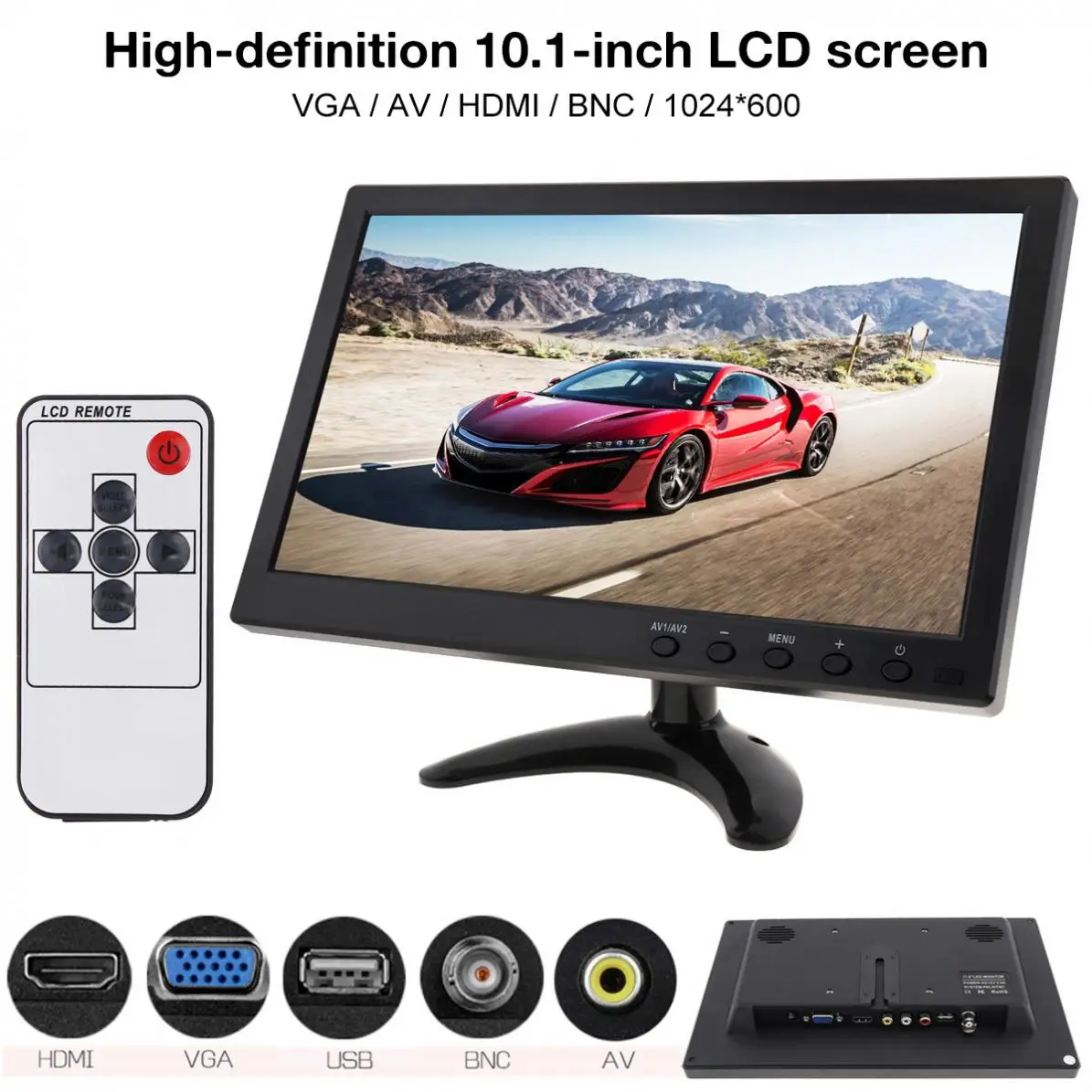 

10.1 Inch HD IPS TFT LCD Monitor Mini TV Computer 2 Channel Video Input Security Monitor with Speaker AV BNC VGA HDMI