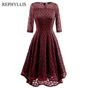 

REPHYLLIS Women 2/3 Sleeve O Neck Sexy Back See through Lace Vintage Wedding Banquet Party Ceremony Chic Irregular Swing Dress