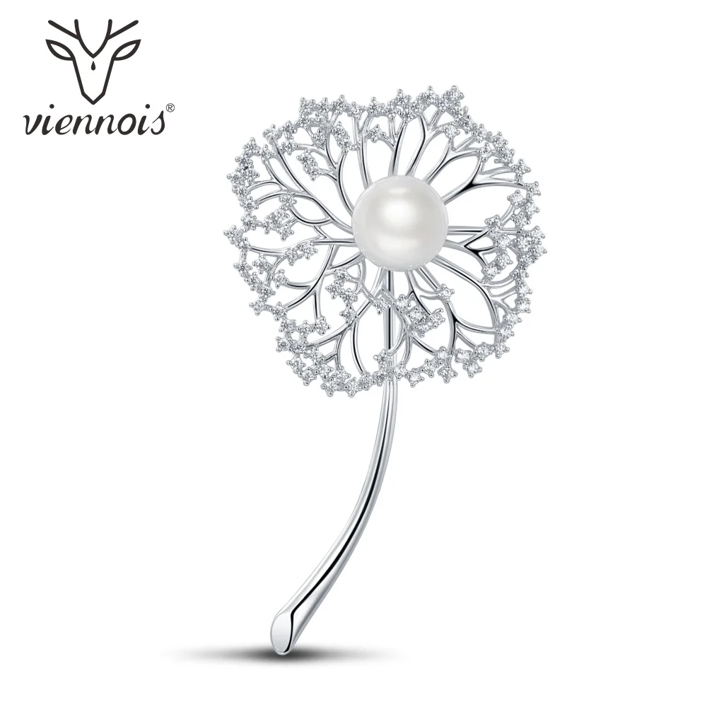 Viennois Fashion Jewelry Sliver Color Simulated Pearl Dandelion Zircon Brooch Pins for Women Lady
