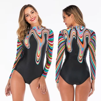 

Aipbuny Rainbow Stripe One Piece Swimsuit Long Sleeves Swimwear Women Bathing Suit Monokini Vintage Rash Guards Women Swimsuit