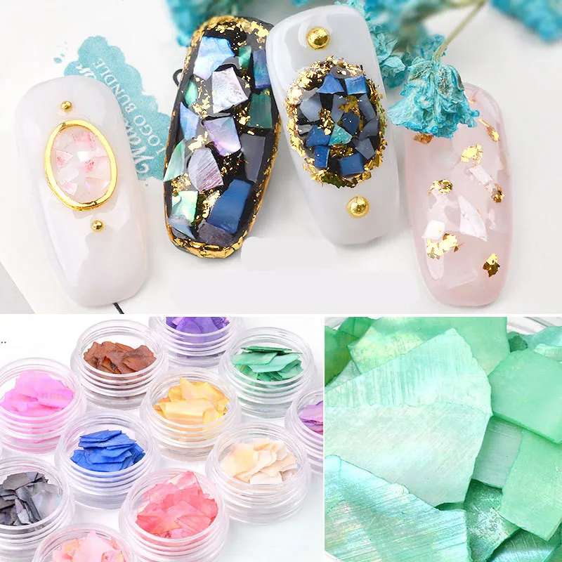 

12Pc Natural Colorful Pearl Light Nail SeaShell Slices Particle Crushed Shell Manicure Set Thin Nail Art Glitter Decoration Tool