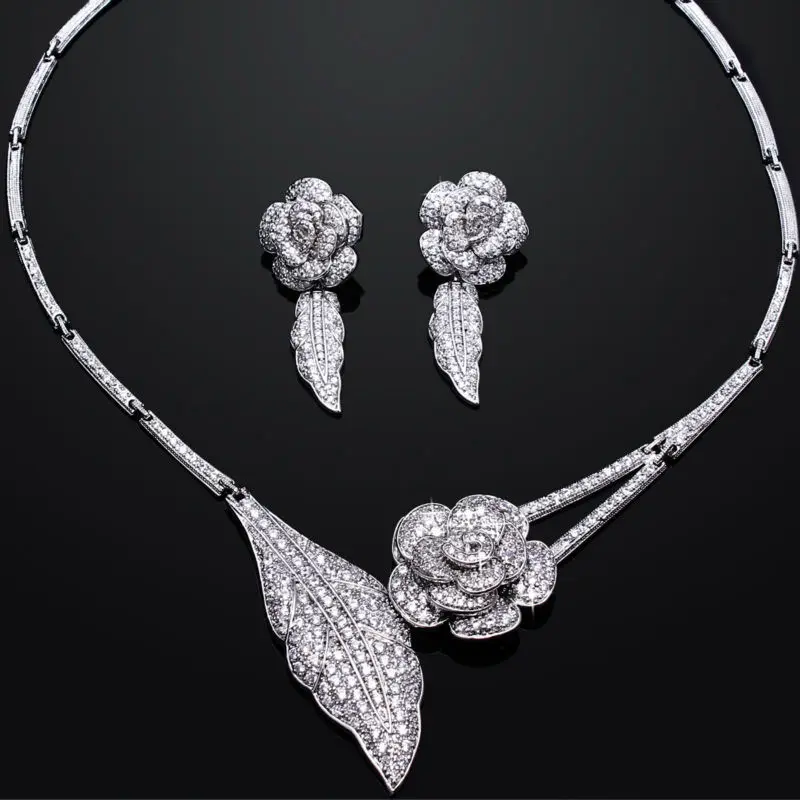 DC1989 Band New Rose wedding bridal jewelry set Cubic Zirconia Neckalce & Earrings Prong Setting Platinum Plated Lead Free