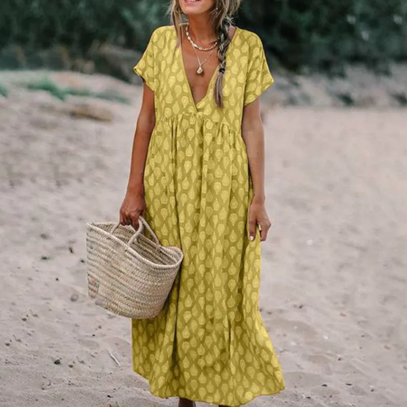 

Women Boho Style Holiday Kaftan Beach Dress Loose Baggy Tunic V-neck Ankle-length Dress Sundress Robe