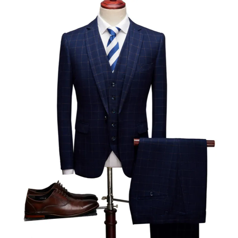 (Jacket+Vest+Pants) Men's New Business Casual Plaid Suit Set Men's Slim Fashion Suit Set Three-piece (Jacket+Vest+Pants) Men's New Business Casual Plaid Suit Set Men's Slim Fashion Suit Set Three-piece