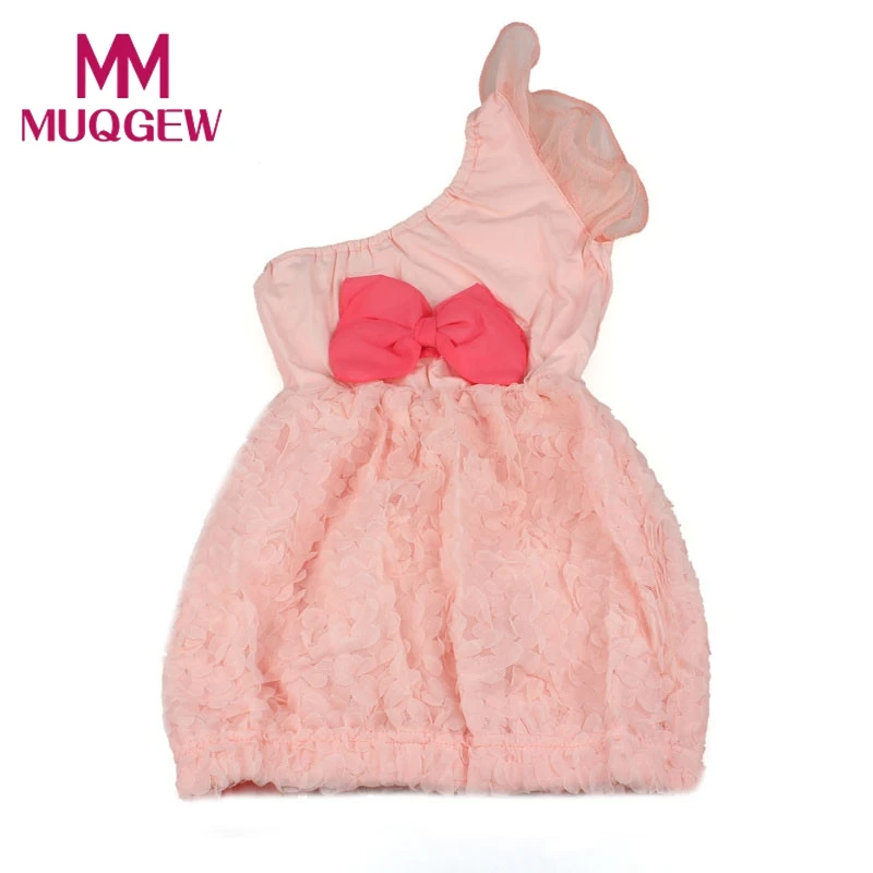 

Fashion Girl Bow Bevel Edge One Shoulder Dress Lace Sleeveless Vest Dresses Sleeveless Cartoon girls dress free shipping