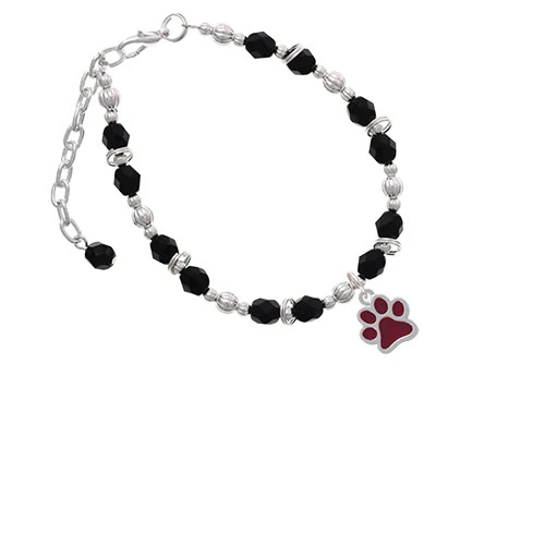 Silvertone Medium Translucent Maroon Paw Black Beaded Bracelet