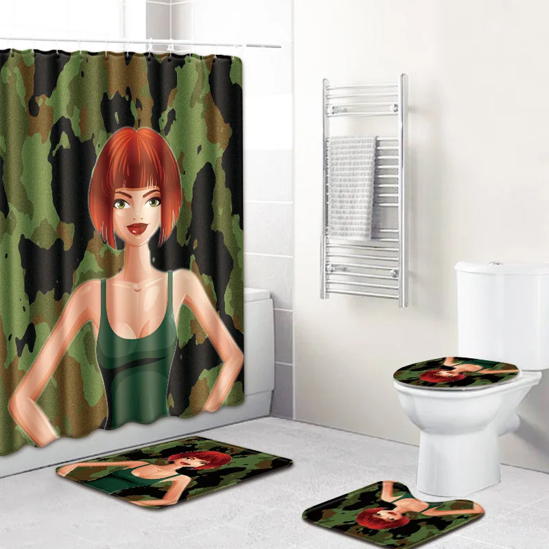 

4 Pcs African Girl Shower Curtain/Bath Mat/Toilet Pad Set Character Pattern Anti-slip Toilet Pattern Carpet Flannel Bath Mat