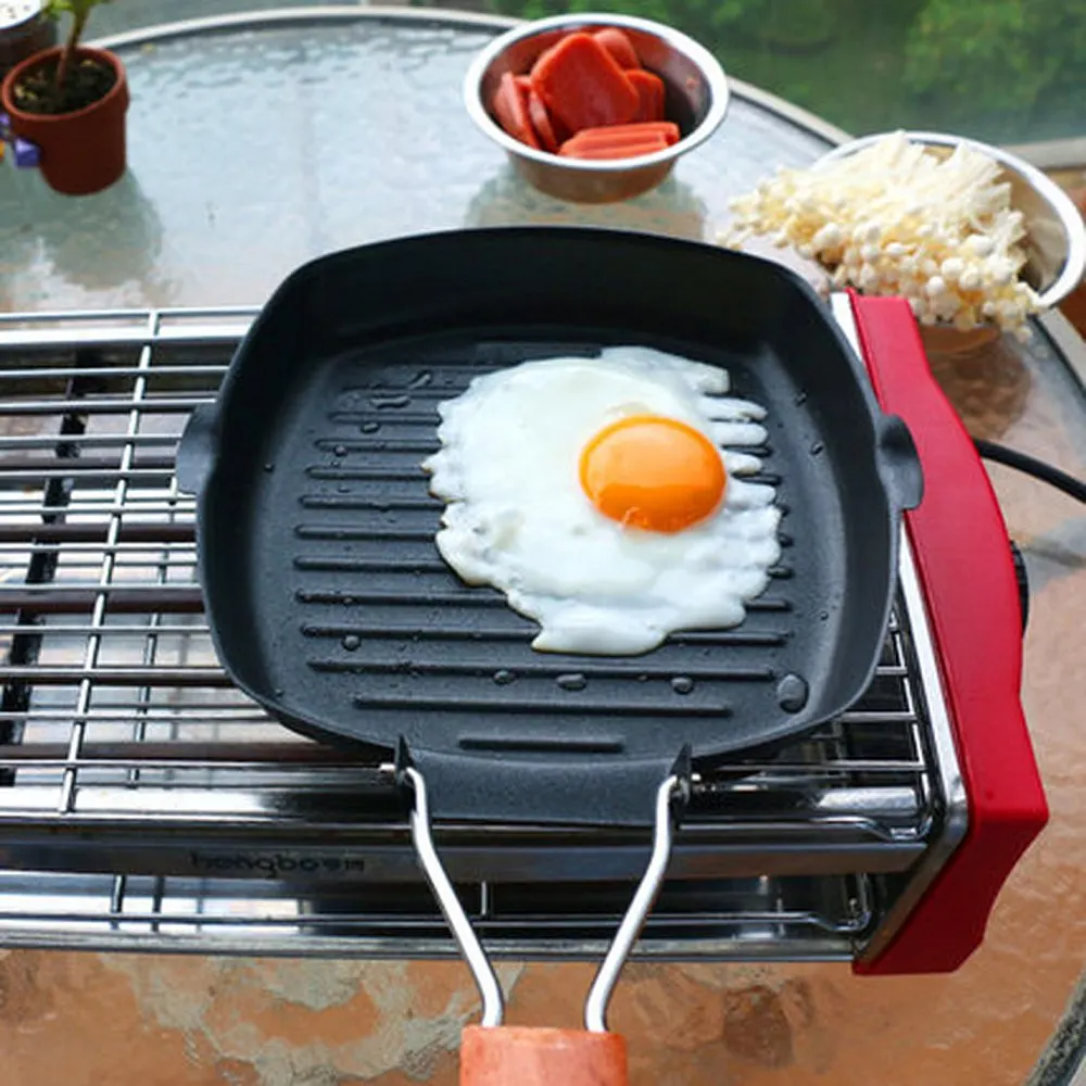 

Steak Frying Pan Cast Iron Steak Grill Pans Non-Stick Frying Pan Wooden Handle Folding for Kitchen Fry Cooking Steak