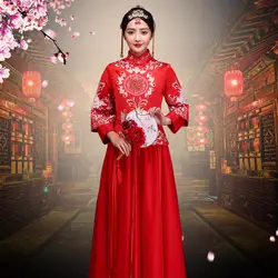 Вышивка цветочный Азиатский невесты свадебное платье традиционный Королевский для женщин брак костюм элегантный полной длины Cheongsam тост