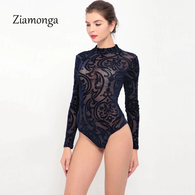 Ziamonga See Through Sexy Bodysuit Women Rompers Bodycon Jumpsuit Transparent Bodysuits Women Long Sleeve Mesh Bodysuit C2915