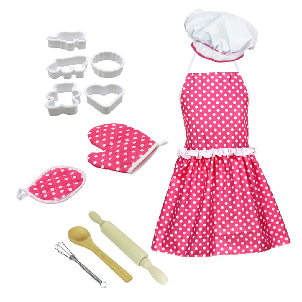 Children Baking Tool Apron Set 12pc Kids Cooking And Baking Set Kitchen Costume Pretend Role Play Kit Apron Hat