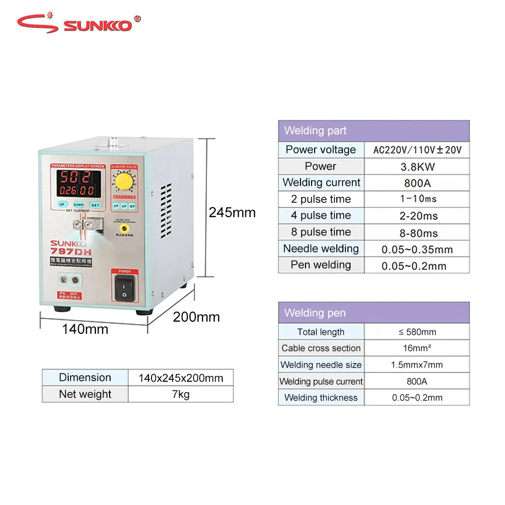 SUNKKO 797DH battery spot welding machine 3.8KW High Power Welding thickness up to 0.35mm Pulse spot welder with 70B welding pen