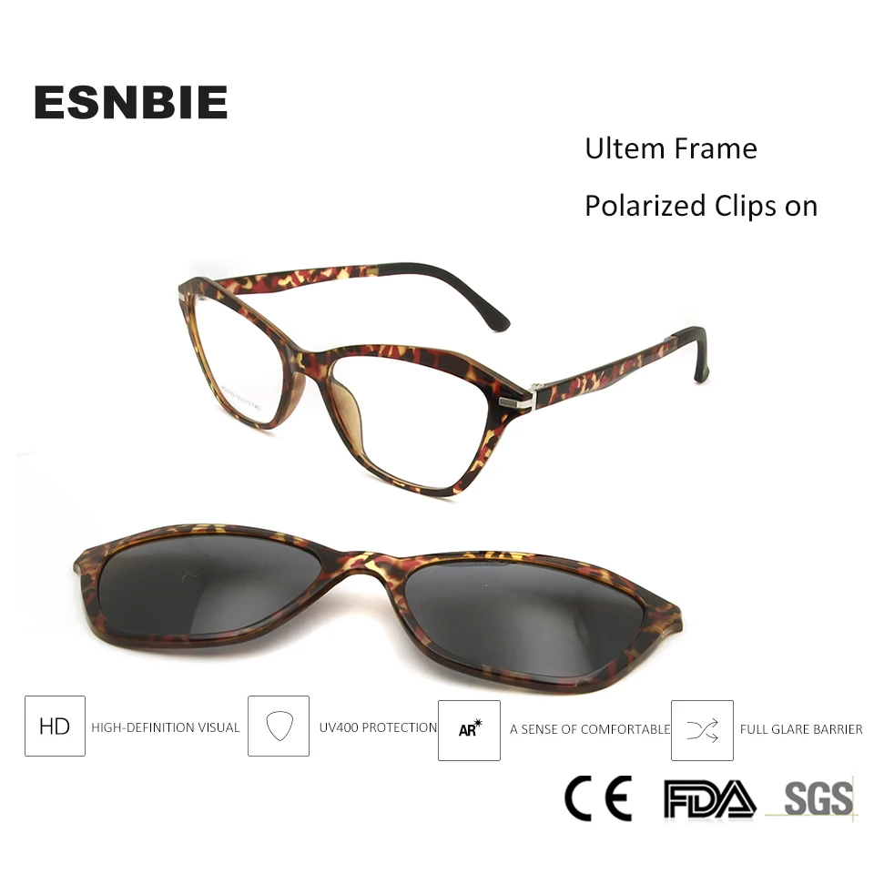 ESNBIE Sexy Ultem Cat Eye Glasses Frames For Women Magnetic Eyeglasses Frame With Polarized Clip On Sunglasses Plastic Titanium