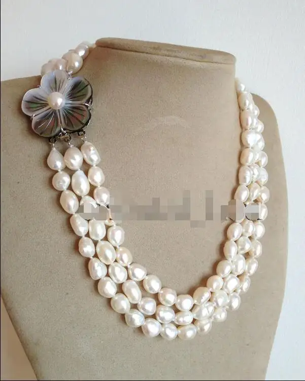 

FREE SHIPPING HOT sell new Style >>>>3 row 11-12mm Natural White Baroque Freshwater Pearl Shell Flower Necklace