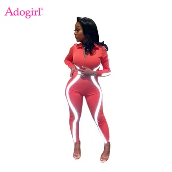 

Adogirl Stylish Reflective Stripe Patchwork Night Version Jumpsuit Zipper Turn Down Collar Long Sleeve Skinny Romper Bodysuits