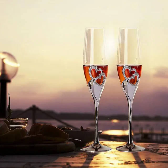 round champagne flutes glass double heart 200ml wedding glasses