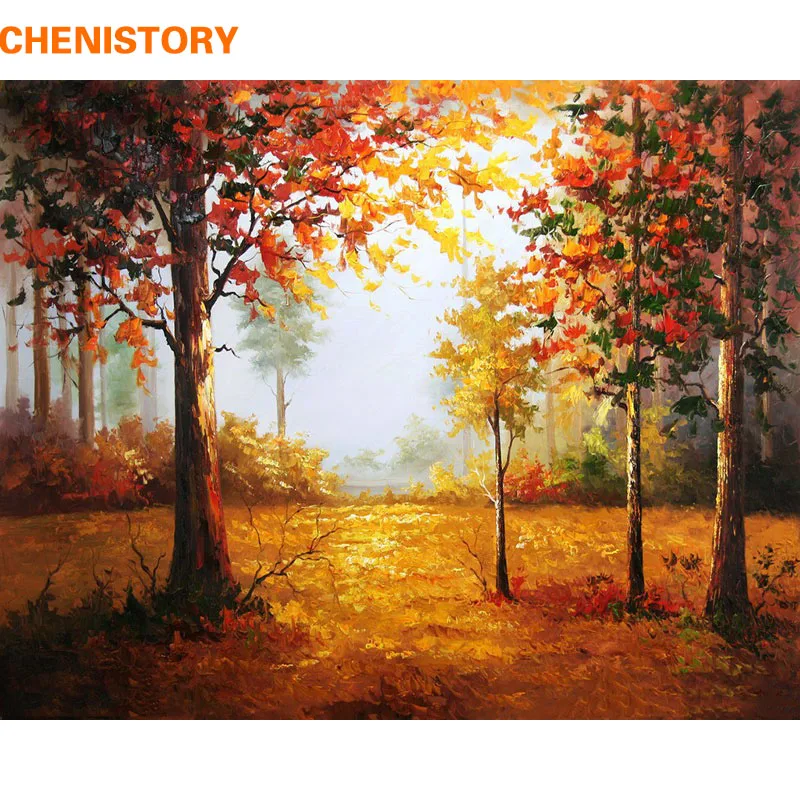 CHENISTORY лес осенний пейзаж DIY живопись по номерам картина на стене ручная роспись маслом на холсте для художественного творчества