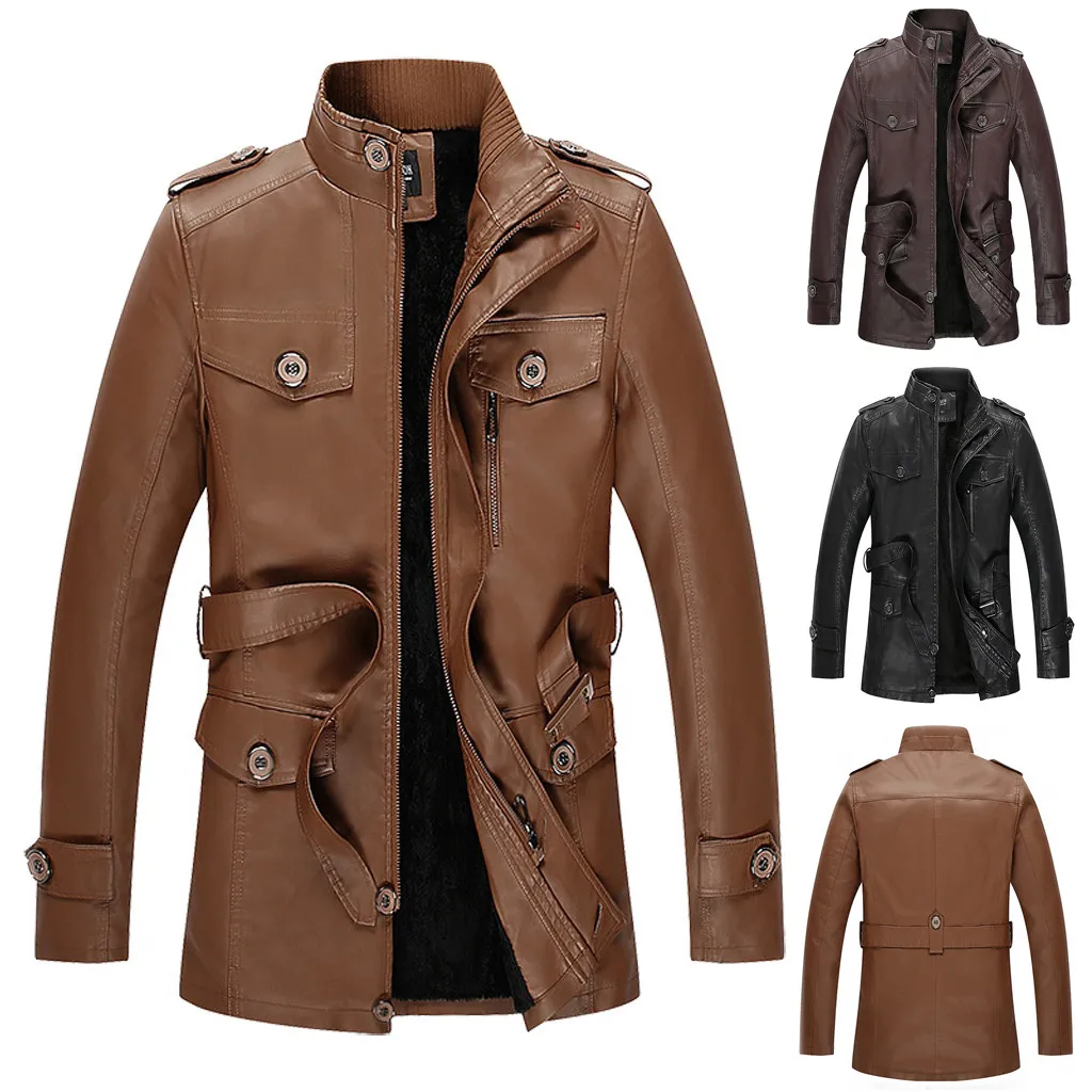

2019 New Fashion Autumn Male Leather Jacket Men's Autumn Winter Fashion Velveted Zipper Pure Color Imitation Leather Coat L-3XL