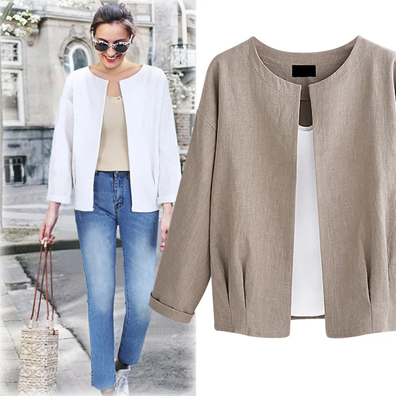 

New Spring Autumn Women Jacket Coat Plus Size Fashion O-Neck Loose Solid Cardigan Thin Linen Coat For Women Large Outerwear Coat