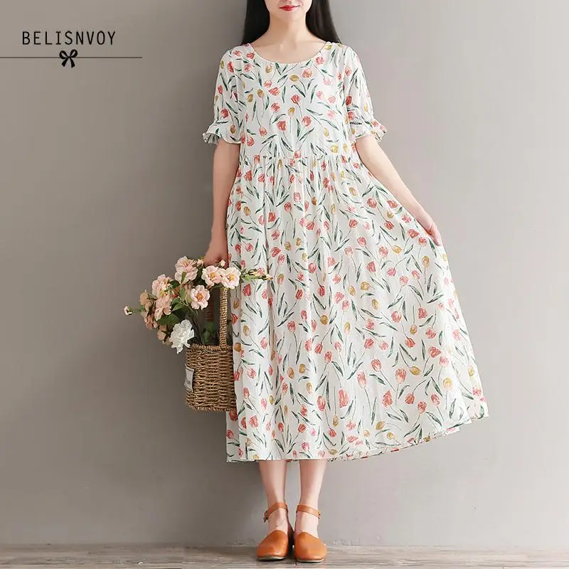 

Summer Beach Dress For Women 2019 New Fashion Women Short Sleeve Floral Printe Loose Dresses Female Casual Cotton Linen Vestidos