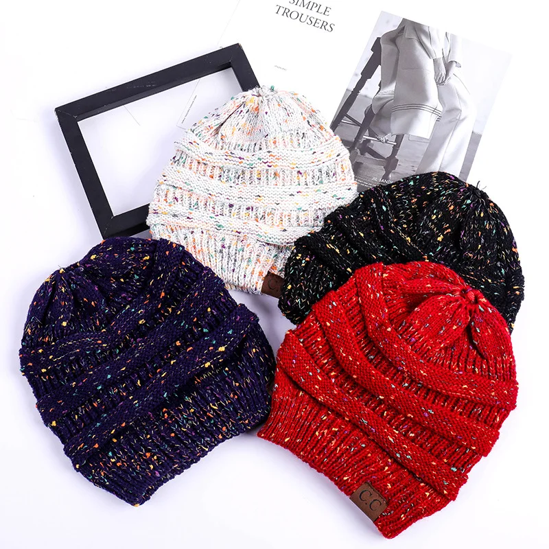 

Fashionable Knitted Horsetail Caps Color Dotted Knitted Caps Warm Winter Woolen Hat