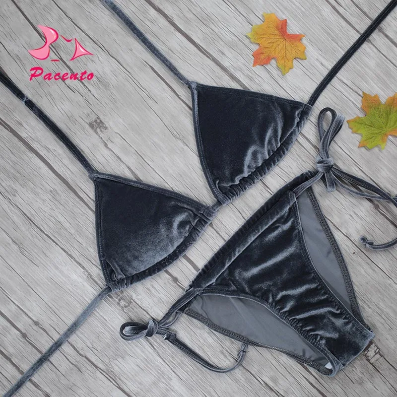 Pacento 2018 Veludo Biquíni Mulheres Swimwear Bandagem Maiô Brasileiro