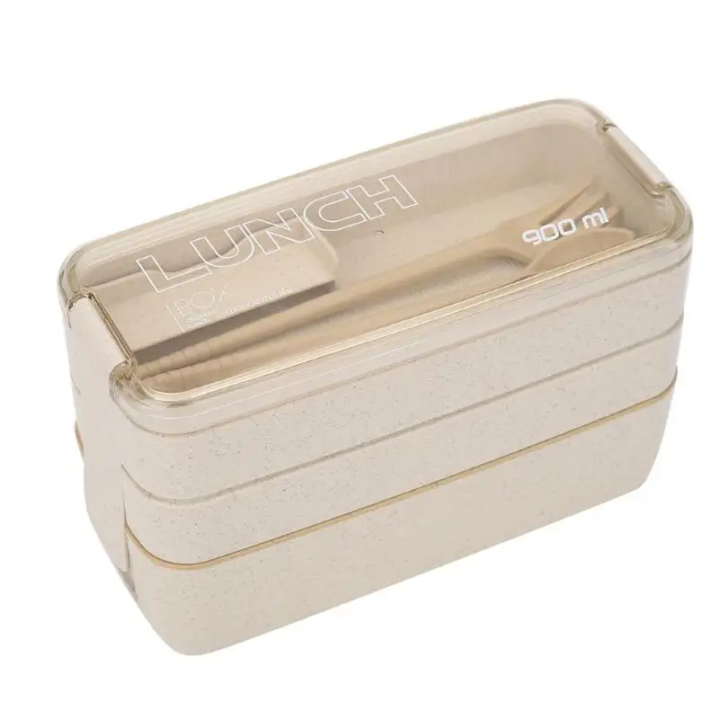 900 мл материал не вредит здоровью Ланч-бокс 3 слоя пшеничной соломы коробки для обедов бенто микроволновая посуда контейнер для хранения еды Ланчбокс - Цвет: Бежевый