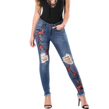 Женские сексуальные рваные вышитые джинсы с цветочным принтом, узкие джинсы-карандаш, Женские Эластичные зауженные длинные брюки, большие размеры 3XL 8J0011