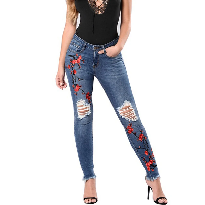 

Women's Sexy Hole Embroidered Flower Jeans Slim Fit Pencil Denim Gradient Elastic Skinny Long Pants Trousers Plus Size 3XL