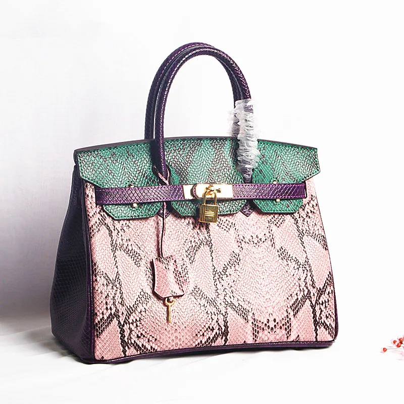 

Super Luxury 100% Genuine Leather Women Handbags Serpentine Lock Platinum Bag Pink Green Cowhide Top Handle Tote Bags 25/30/35cm