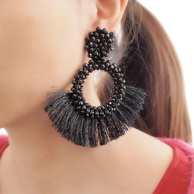 MANILAI Серьги-кисточки в богемном стиле для женщин массивные серьги с бахромой круглые висячие серьги с кристаллами Свадебные украшения - Окраска металла: Black Earrings