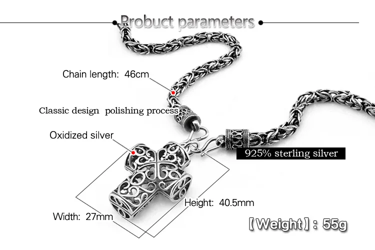 Винтажное 925 тайское серебряное ожерелье, Мужская подвеска в виде креста, цельное серебряное ожерелье, размер 76 см, серебряное ювелирное изделие, подарок на день рождения