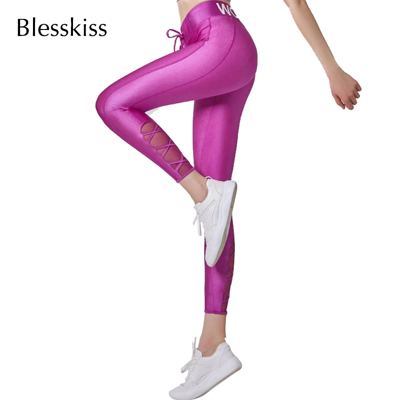 

Blesskiss Shiny Neon Sport Leggings For Women Fitness Yoga Pants High Waist Printed Letters LULU Mesh Workout Tights Gym Wear
