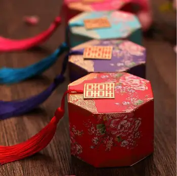 

300pcs/lot Double Happiness Vintage Chinese Style Paper Unique Sweetbox Wedding Favors Gifts Holders Sugar Candy Box