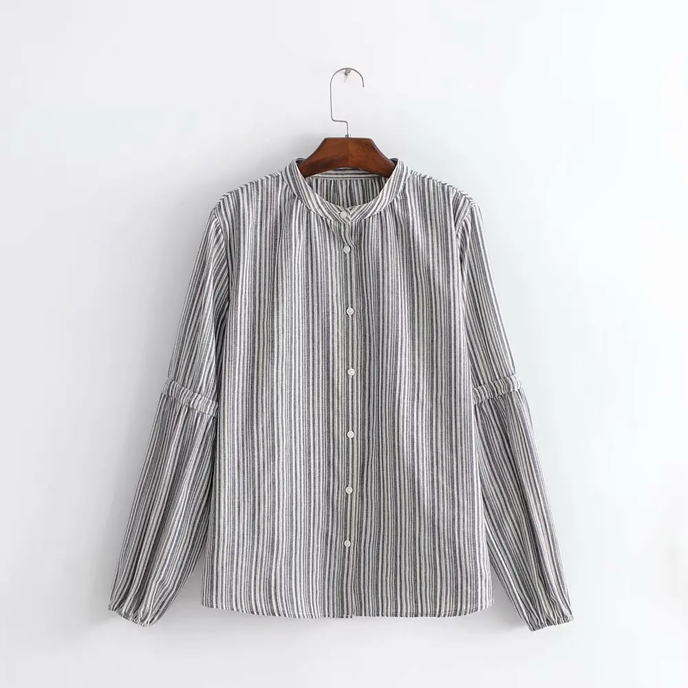 

women vintage small stand collar lantern sleeve striped kimono blouse female casual slim chic shirt femininas blusas tops LS2538