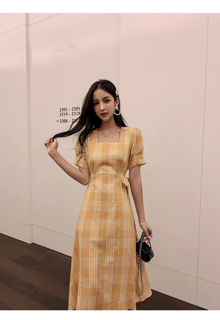 New French retro square collar plaid short sleeved ribbon dress summer waist woman A word big dress dress belt various methods