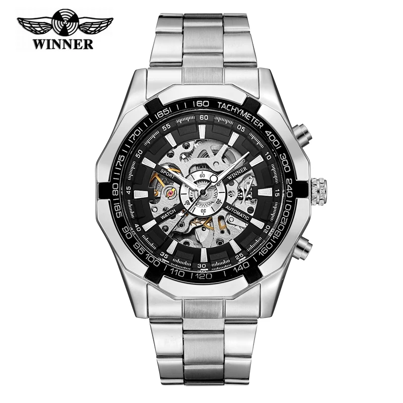 Najtaniej 2019 srebrny ze stali nierdzewnej wodoodporny męski zegarek szkieletowy z tourbillonem zegarki Top marka luksusowy zegarek mechaniczny dla mężczyzn